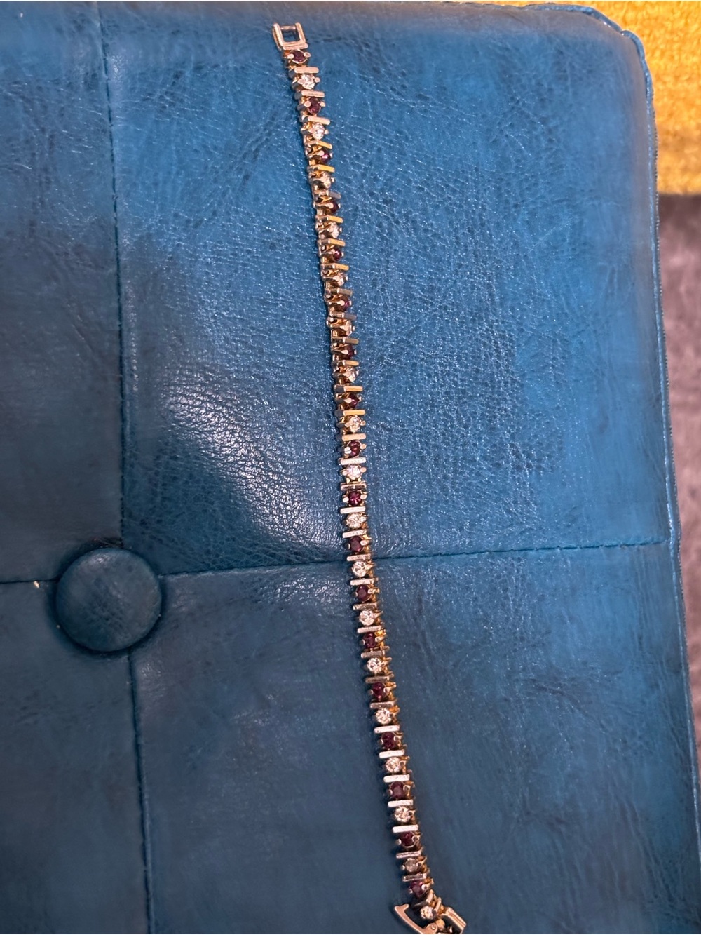 Gold Tone Burgundy Red Clear Rhinestone Tennis Bracelet Style 8”